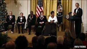 Honour recipients (l to r) Merle Haggard, Jerry Herman, Bill T Jones, Sir Paul McCartney and Oprah Winfrey with President Barack Obama (far right)