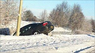 Car in a ditch on Sir Walter Scott Drive, Inverness