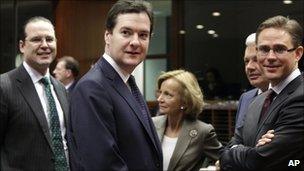 From left, Swedish Finance Minister Anders Borg, British Chancellor of the Exchequer George Osborne, Spanish Finance Minister Elena Salgado, Belgian Finance Minister Didier Reynders and Finnish Finance Minister Jyrki Tapani Katainen