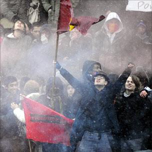 Students chanted and shouted as the snow fell