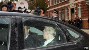 Police vehicle brings Julian Assange to City of Westminster Magistrates' Court for the hearing