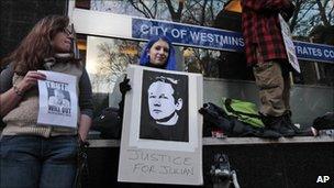 Protesters supporting Julian Assange outside City of Westminster Magistrates' Court