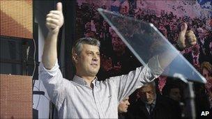 Kosovo PM Hashim Thaci at a post-election rally, 12 December 2010, Pristina