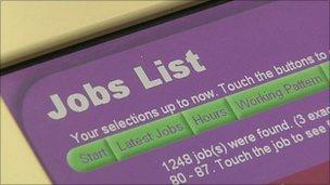 Job centre computer screen listing jobs