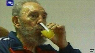 Television still of Fidel Castro drinking orange juice, 30 Jan 2007