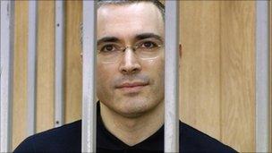 Russian oil tycoon Mikhail Khodorkovsky, pictured in the defendant's cage during his trial in Moscow, on 24 May 2005