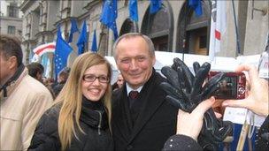 Presidential candidates Vladimir Neklyayev with supporter in Minsk