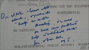 National Archive file showing memo from Margaret Thatcher about Women's National Commission