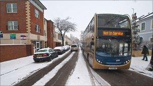 A bus in Cheltenham displays its 'Not in Service' sign. Taken by Charles Budd.