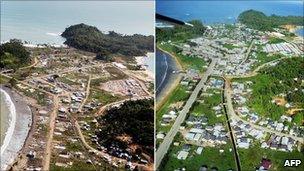 Aerial view of Calang in Aceh province, taken 3 August 2005 (L) and the same area taken 14 December 2007