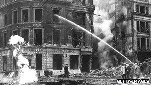 Fire crews tackle a Blitz blaze at Lloyd's Bank in London