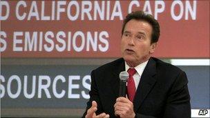 Arnold Schwarzenegger speaking at a press conference on California greenhouse gas emissions