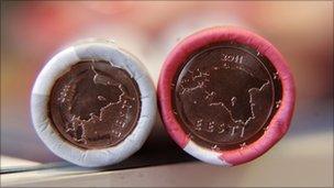 Rolls of Estonia's new Euro coins at a bank in Tallinn, 31 December