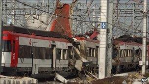 Train carriage wrecked after a bomb in Atocha station, Madrid