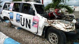 Wrecked UN car in Haiti