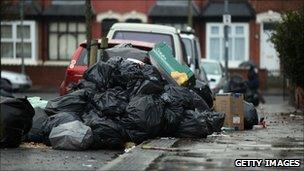 Pile of uncollected rubbish bags in Birmingham