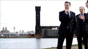 David Cameron and Lord Heseltine on the banks of the Mersey