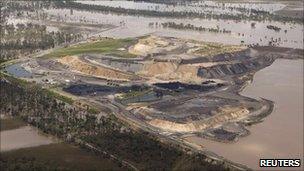 A coal mine is seen surrounded by floodwaters in Baralaba in Australia