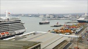 Southampton docks with several cruise ships