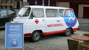 A Czech ambulance carrying the doctors' protest message