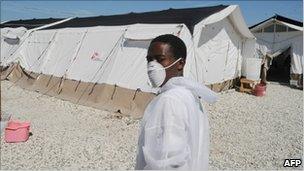 Health worker at a makeshift hospital in Haiti