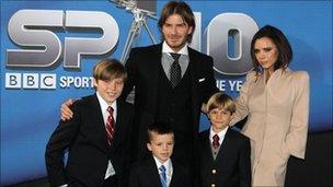 David and Victoria Beckham with sons Brooklyn, Cruz and Romeo (front left to right)