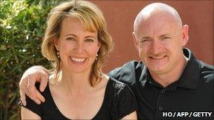 Gabrielle Giffords and her husband Mark Kelly, courtesy of HO/AFP/Getty Images