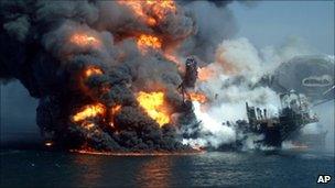 Fire boats battle a fire at the off shore oil rig Deepwater Horizon April 22, 2010