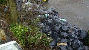 Bin bags piled up at Brookfield Road, Birmingham