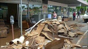 Debris outside shops in Toowoomba, Queensland, two days after flash flooding (12 January 2011)