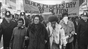 Demonstrators on a march after the New Cross fire