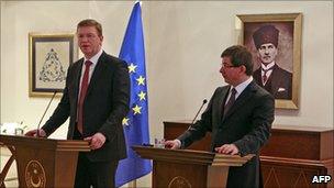 EU's Enlargement Commissioner Stefan Fuele (left) with Turkish Foreign Minister Ahmet Davutoglu in Ankara, 15 March 2010