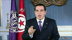 Tunisia's President Zine al-Abidine Ben Ali addresses the nation in this still image taken from video, January 13, 2011