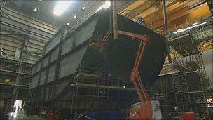 Work on the stern of HMS Elizabeth in Portsmouth