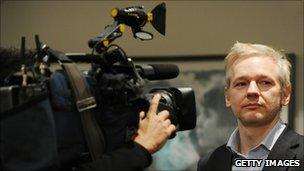 Wikileaks founder Julian Assange at the press conference called by Rudolf Elmer at the Frontline Club in London