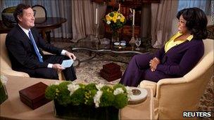 Piers Morgan (l) interviewing Oprah Winfrey (r)