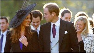 Prince William and Kate Middleton leave the wedding of their friends Harry Mead and Rosie Bradford, October 2010