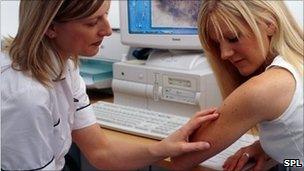 Patient being examind for skin cancer