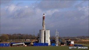 The drilling rig of Cuadrilla Resources explores the Bowland shale for gas, four miles from Blackpool on January 17, 2011 in Blackpool, England.