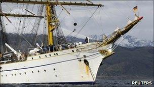 German navy training sailing ship Gorch Fock is seen offshore in the inlet near the port of Ushuaia in Argentina January 20, 2011