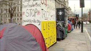 Protesters' tents on Parliament Square pavement