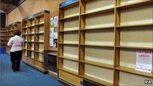 Empty library shelves