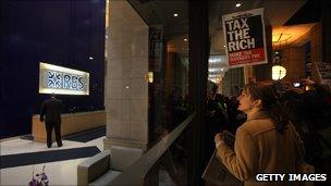 Protest against bank bonuses outside RBS