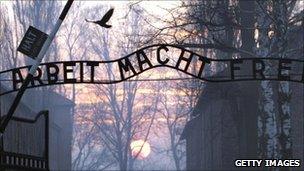 The main gate entering the Nazi Auschwitz death camp