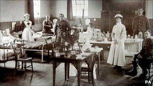 Shepreth village hall during World War I, when it was run as a temporary military hospital