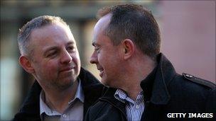 Martyn Hall (right) and his civil partner Steven Preddy outside Bristol County Court