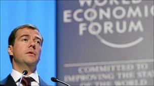 Russian President Medvedev speaking in Davos in 2007