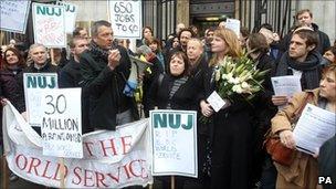 Protesters outside Bush House, home to the BBC World Service