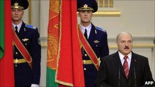 Belarus President Alexander Lukashenko speaks during his inauguration ceremony at the Palace of the Republic in Minsk on January 21, 2011