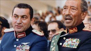 Mubarak and Sadat moments before the shooting on 6 October 1981, in Cairo